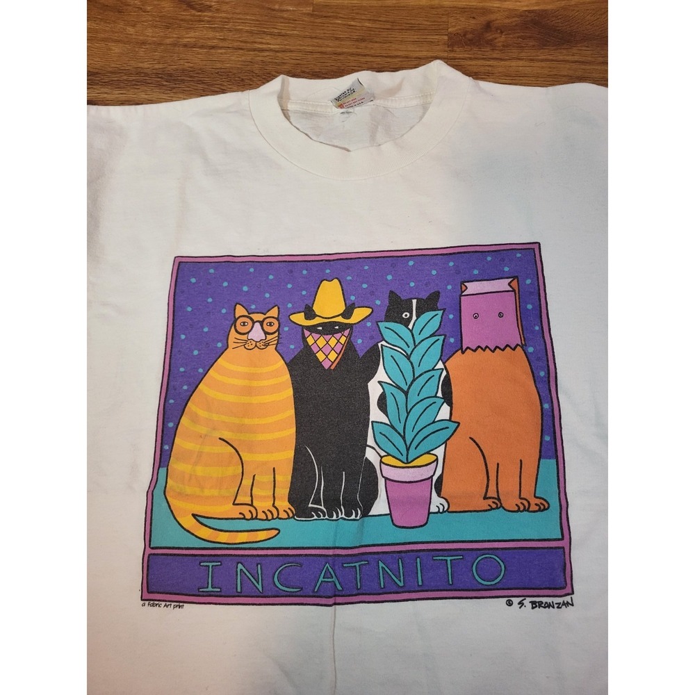 Vtge Fabric Art S Bronzan White Cat Graphic Tee‎ Shirt - Picture 2 of 4